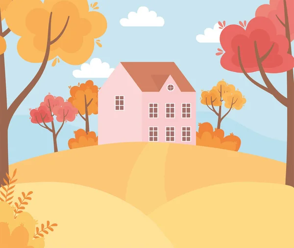 Paisagem no outono natureza cena, casa na colina caminho árvores folhas — Vetor de Stock