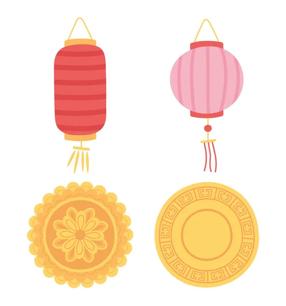 สุขสันต์วันเทศกาลกลางฤดูใบไม้ร่วง โคมไฟจีน และไอคอนมูนเค้ก — ภาพเวกเตอร์สต็อก