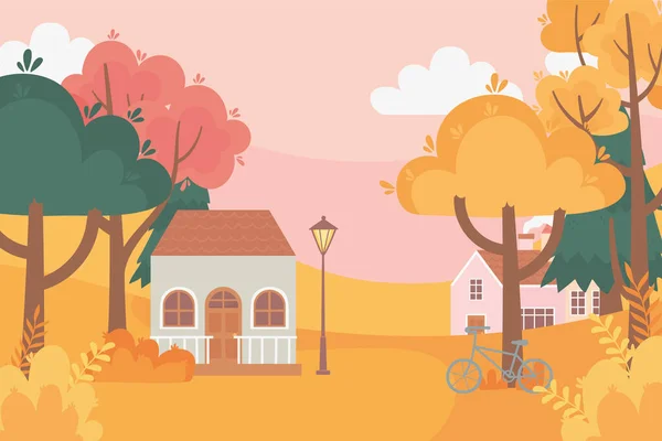 Krajobraz jesienią scena natury, domy rowerowe lampa post drzew łąka leśna — Wektor stockowy