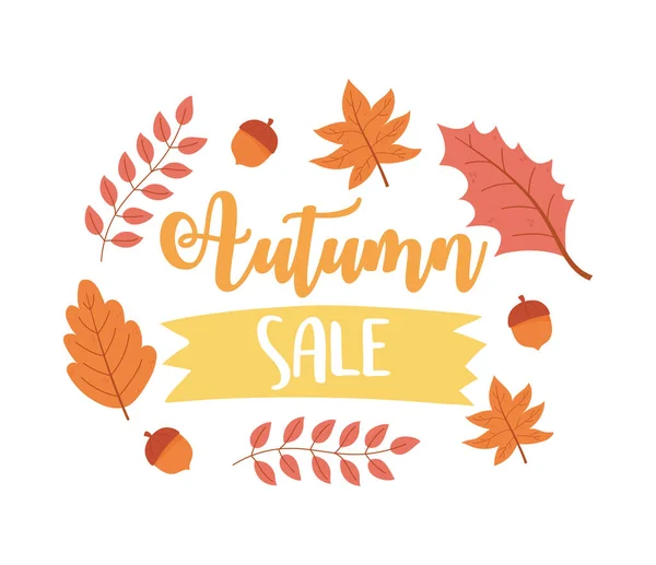 Herbstverkauf, Shopping Sale oder Promo Poster, herbstliches Laub Blatt Eichel — Stockvektor