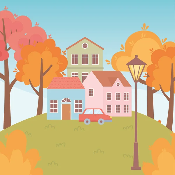 Landscape in autumn nature scene, houses car trees lamp street in the meadow — Stock Vector