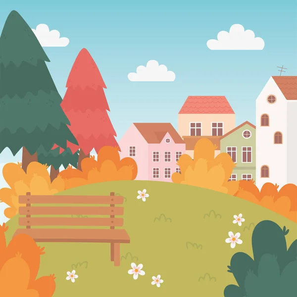 Paisaje en otoño naturaleza escena, pueblo casas banco árboles flores hierba dibujos animados — Vector de stock