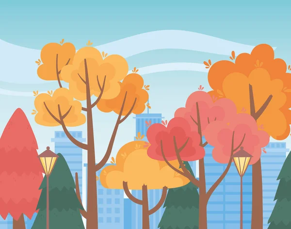 Landskap på hösten natur scen, park träd lampor och stadsbild — Stock vektor