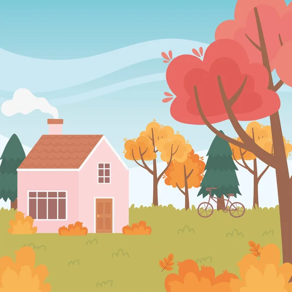 landscape in autumn nature, house with chimney bicycle trees leaves scenery