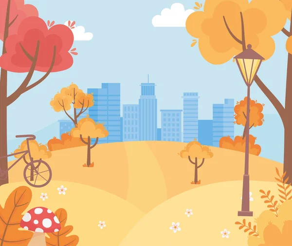 Landskap på hösten natur scen, urban stadsbild kullar cykel träd lövverk — Stock vektor