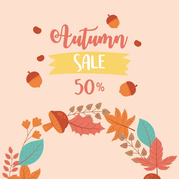 Autumn sale, fall leaves and advertising discount text — Stock Vector