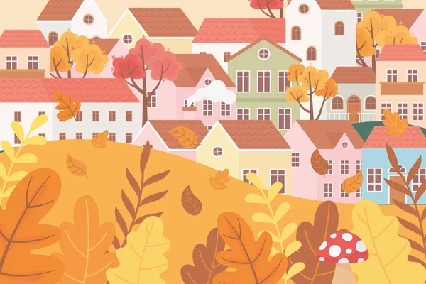 Krajina na podzim příroda scéna, kreslené vesnice domy houby listy větve listí — Stockový vektor