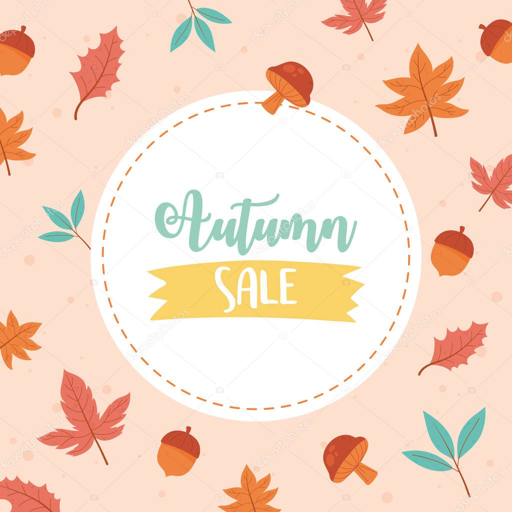 autumn sale, shopping sale or promo banner background with fall leaves and acorn
