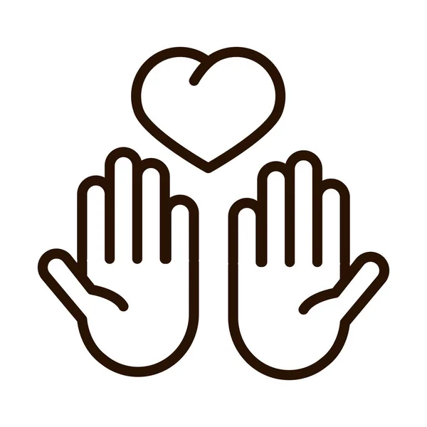 Handen met harten ondersteunen liefdadigheid donatie en liefde lijn pictogram — Stockvector