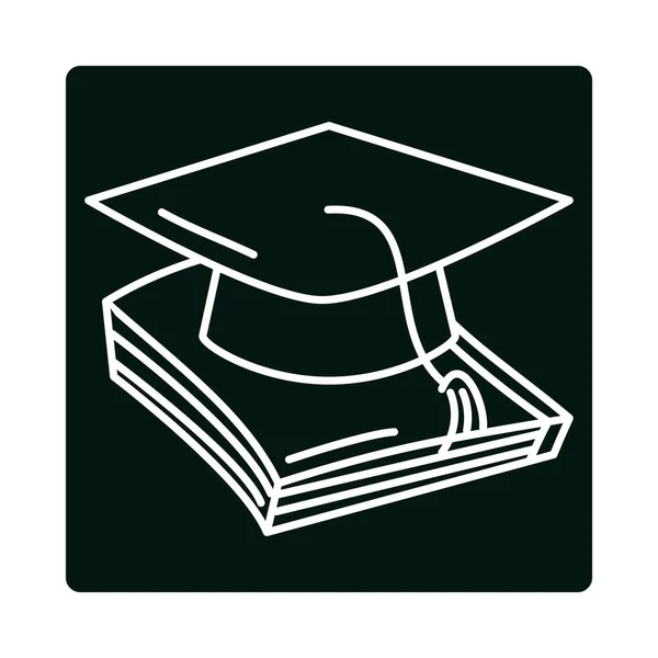 Retour à l'école, chapeau de remise des diplômes sur le bloc de l'enseignement primaire livre et icône de ligne — Image vectorielle