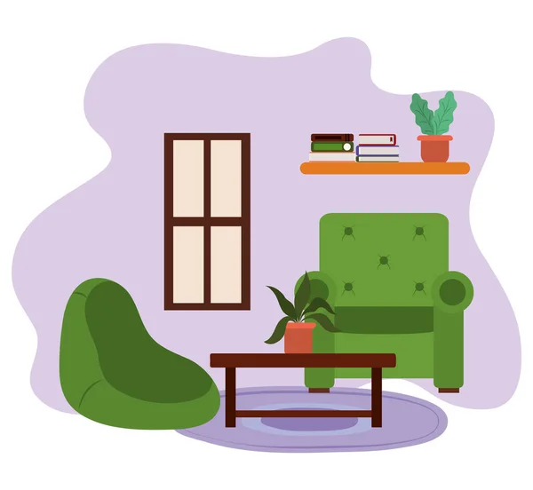 客厅椅子桌子上有盆栽植物书架和窗户 — 图库矢量图片