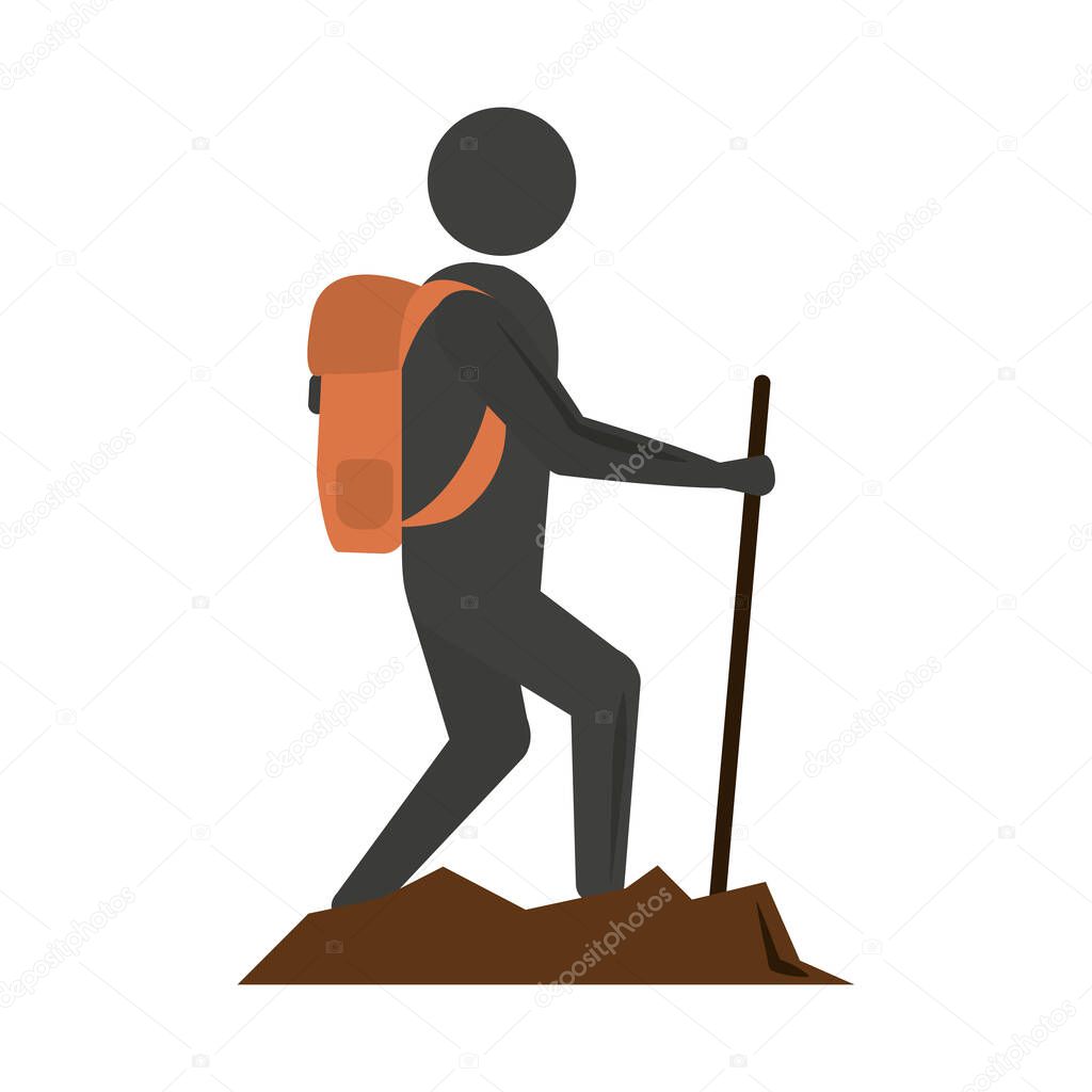 summer vacation travel, traveler man walking with backpack and stick flat icon style
