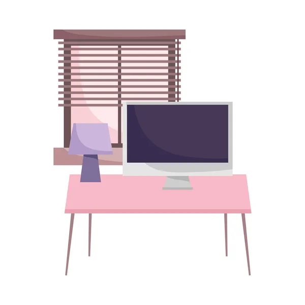 Spazio di lavoro tavolo computer lampada e finestra isolato design sfondo bianco — Vettoriale Stock