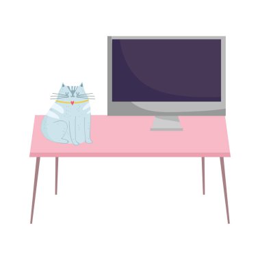 bilgisayar ve kedi izole tasarım beyaz arkaplan ile çalışma masası