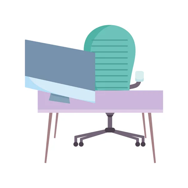 Munkaterület zöld szék asztal és pc képernyő elszigetelt tervezés fehér háttér — Stock Vector