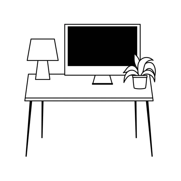 작업 공간 책상 램프 컴퓨터 및 식물외진 아이콘 라인 스타일 — 스톡 벡터