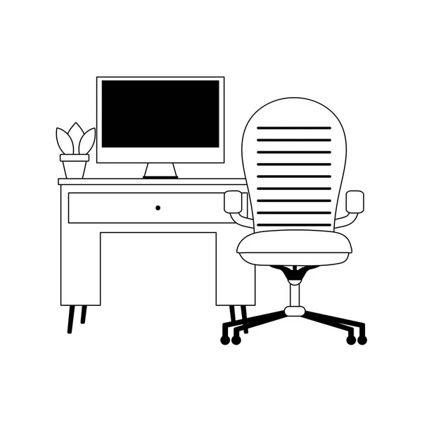 Workspace chair desk computer and plant isolated icon line style — Stock Vector