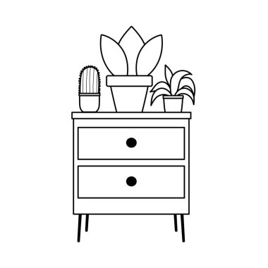 mobilya çekmeceleri ve saksı bitkileri izole edilmiş ikon çizgisi biçimi