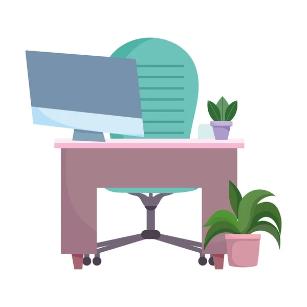 Werkruimte bureau fauteuil computer en planten geïsoleerd ontwerp witte achtergrond — Stockvector