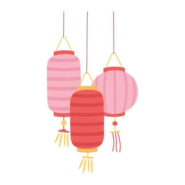 Pendaison lanternes chinoises célébration décoration isolé icône style — Image vectorielle