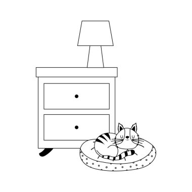 Yastık altında lamba ve kedi olan masa izole beyaz arkaplan