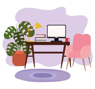 çalışma alanı bilgisayar kitapları kahve fincanı ve bitki