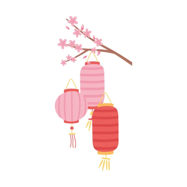 Lanternes chinoises suspendues sur l'arbre à branches avec des fleurs style icône isolé — Image vectorielle