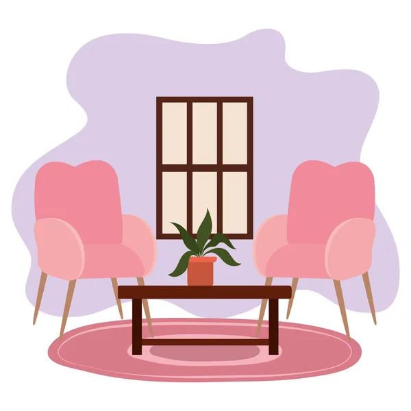 Sala de estar cadeiras mesa vaso planta e janela — Vetor de Stock