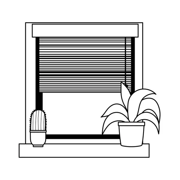 Вікно горщики рослина і кактус прикраса ізольовані стиль лінії піктограм — стоковий вектор