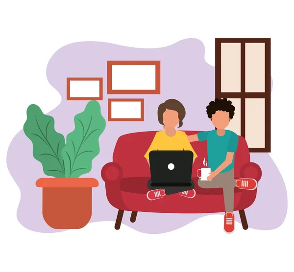 Arbeit zu Hause, Paar mit Laptop und Kaffeetasse in der Hand, Menschen zu Hause in Quarantäne — Stockvektor