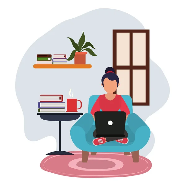 Trabajando en casa, mujer joven usando la mesa del ordenador portátil con los libros, la gente en casa en cuarentena — Vector de stock