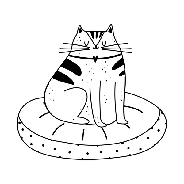 Gatto seduto su cuscino isolato icona linea stile — Vettoriale Stock
