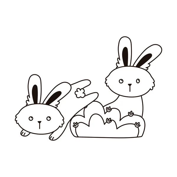 Carino conigli cespuglio natura fogliame cartone animato isolato icona linea stile — Vettoriale Stock