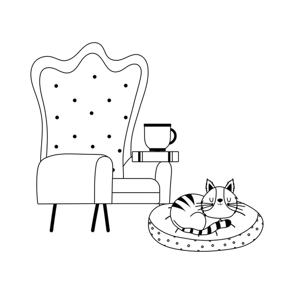 안락 의자 커피 컵 책과 고양이외진 아이콘 라인 스타일 — 스톡 벡터