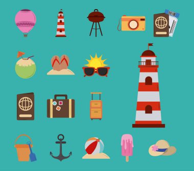 Yaz tatili seyahati, deniz feneri sunucusu güneş gözlüğü kamera bavul bileti şapkası düz simgeler