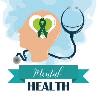 Ruh sağlığı günü, insan profili steteskop kurdele kalbi, psikoloji tıbbi tedavi