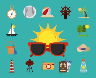 Yaz tatili seyahati, güneş gözlüğü, pusula, kamera, pasaport, düz simgeler.