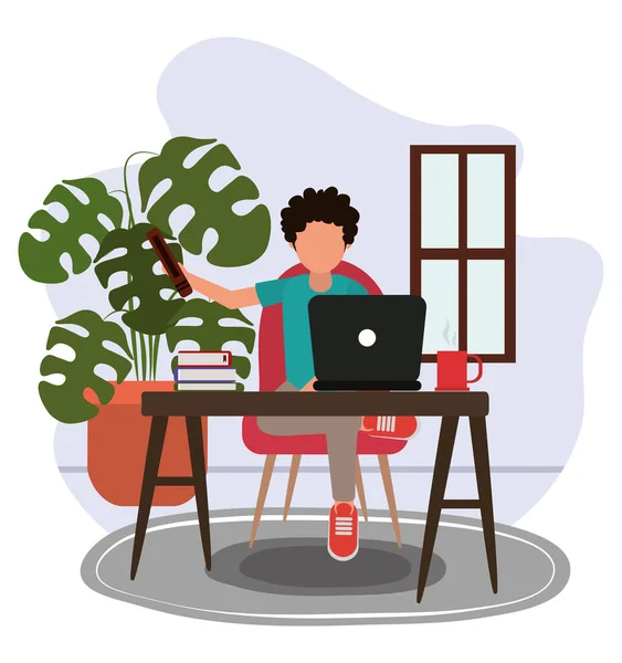 Trabajar en casa, chico con la taza de café portátil y libros en la mesa y sala de plantas, la gente en casa en cuarentena — Archivo Imágenes Vectoriales