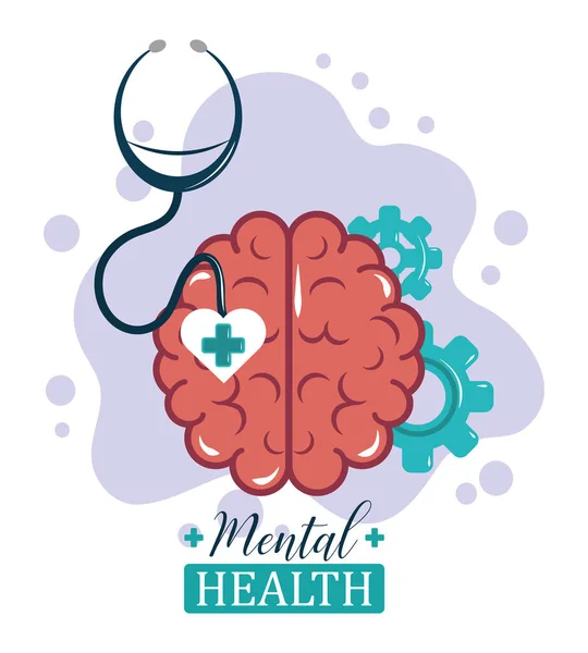 Día de la salud mental, funciones de engranajes cerebrales estetoscopio, psicología tratamiento médico — Vector de stock