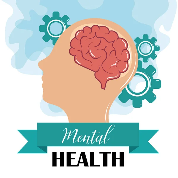 Mental health day, human profile brain gears, psychology medical treatment — Stock Vector