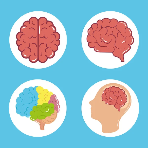 Tag der psychischen Gesundheit, Psychologie medizinische Behandlung menschliches Gehirn Profil, Block-Symbole — Stockvektor