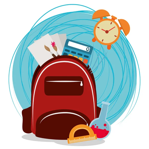 Назад в школу, рюкзак часы калькулятор кисть бумаги начальное образование — стоковый вектор