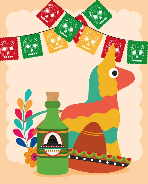 Fête de l'indépendance mexicaine, pinata tequila âne et chapeau décoration, célébrée le Septembre — Image vectorielle