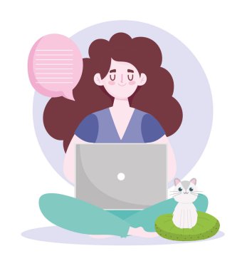 Ev ofis çalışma alanı, kadın ve kedi dizüstü bilgisayarlı mesajlarla yastıklarda.