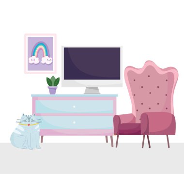 Ev işyeri koltuğu bilgisayar çekmeceleri bitki ve kedi oturma