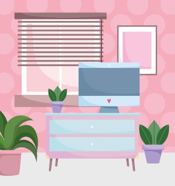 Ofis bilgisayarını çekmeceleri, pencereleri ve çerçeve odaları olan masaya koyun.