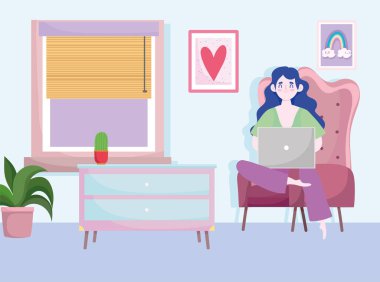 Ev işyeri çalışma alanı, serbest çalışan kadın dizüstü bilgisayar, masa ve pencere arkasında çalışıyor.