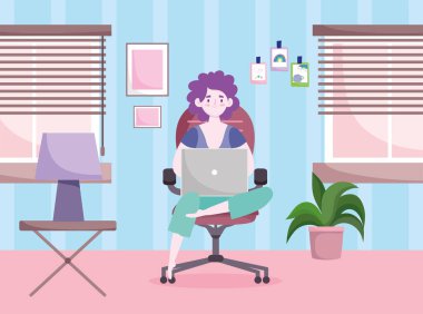 Ev ofis çalışma alanı, odada dizüstü bilgisayarla çalışan bir Avatar.