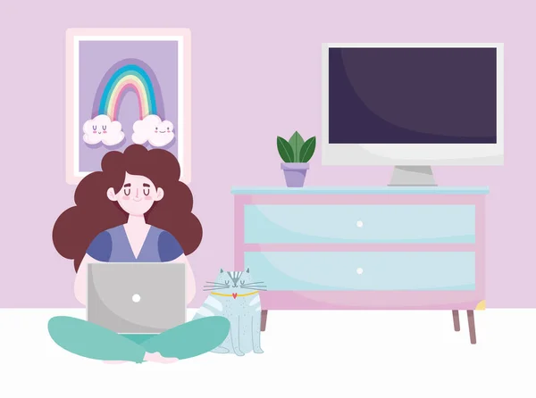 Home office area di lavoro, donna pigra seduta sul pavimento e che lavora con il computer portatile — Vettoriale Stock