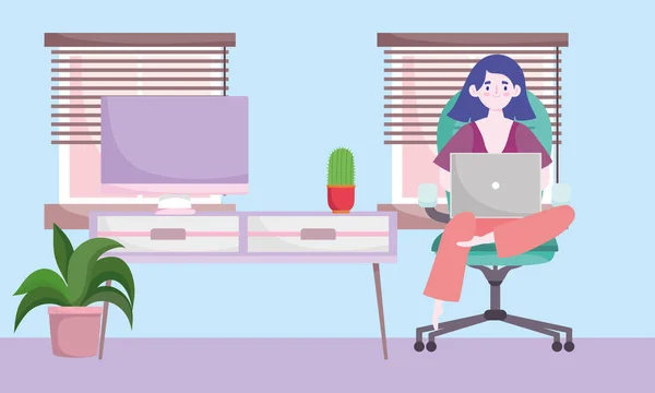 Home office espaço de trabalho, mulher sentada à mesa e trabalhando — Vetor de Stock